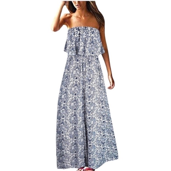 yidarton Dresses & Skirts - 🆕 YIDARTON Strapless Maxi Dress Blue White Floral Ruffle Top Floral Size L